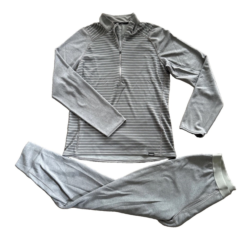 Patagonia Base Layer Set Men M Gray Quarter Zip Striped Top Thermal Leggings